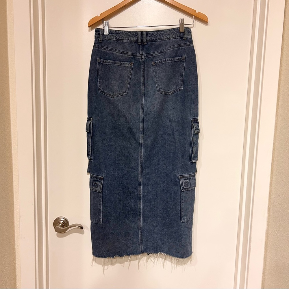 Pacsun Indigo Cargo Midi Skirt size Small high-rise stretchy material front slit - Picture 6 of 10